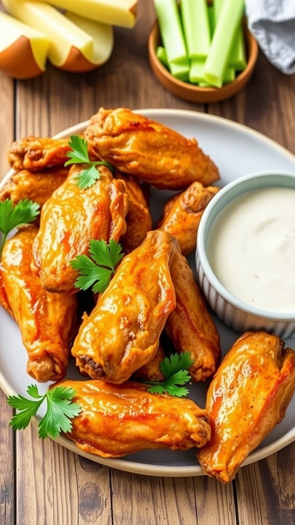 Crispy air fryer keto chicken wings garnished with parsley, served with low-carb dipping sauce and celery sticks.